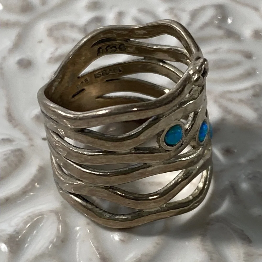 Vintage Israeli Sterling Silver Blue Fire Opal Wave Ring Size 6